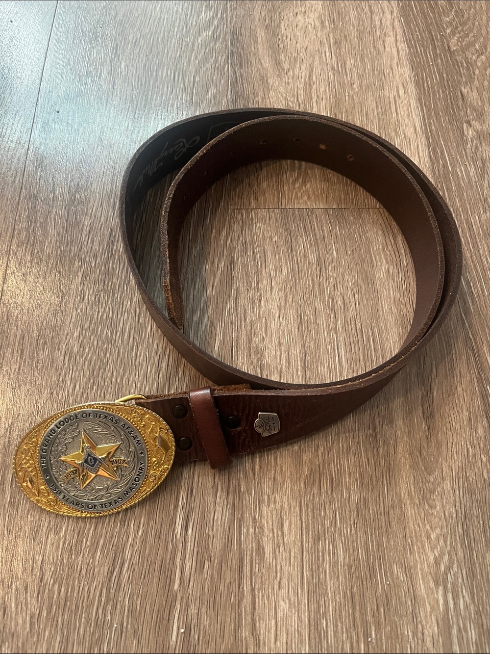 Vintage Larry MahanLeather Belt with Decorative Gold Star Medallion Buckle